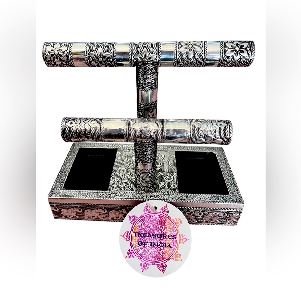 Treasures of India - Double Bar Intricate Silver Jewelry Holder/Organizer